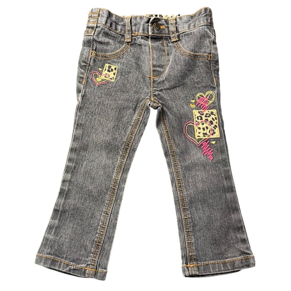 VTG Y2K Healthtex‎ Trendy Toddler Girls Gray Jeans Leopard Heart Embroidery 18M